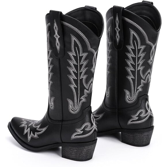 Women Black Polyurethane (PU Embroided Chunky Heel Mid Calf Fashion Western Boot - Picture 4 of 4